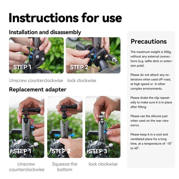 TELESIN Aluminum Universal Handlebar Mount 360-Rotation for Action Cameras - Picture 10 of 15